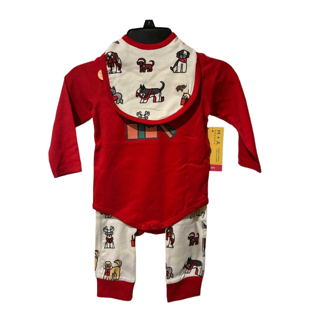 Monica + Andy Organic Cotton Dog Christmas 18 24M 3pc Set Bodysuit‎ Pants Bib